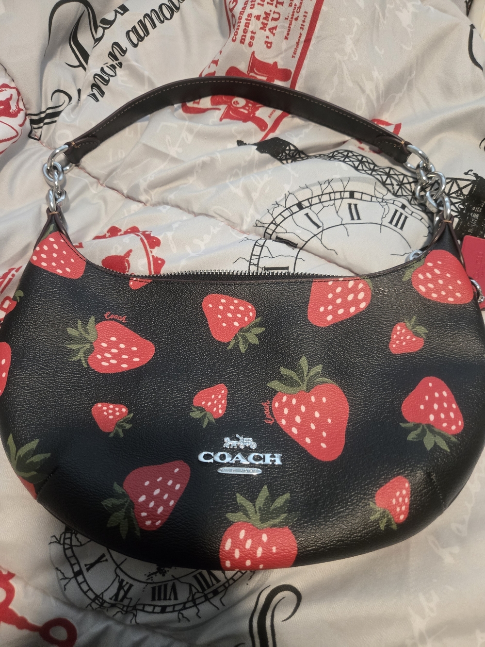 COACH Black Strawberry Print Leather Hobo Bag with Card Case - Picture 2 of 7